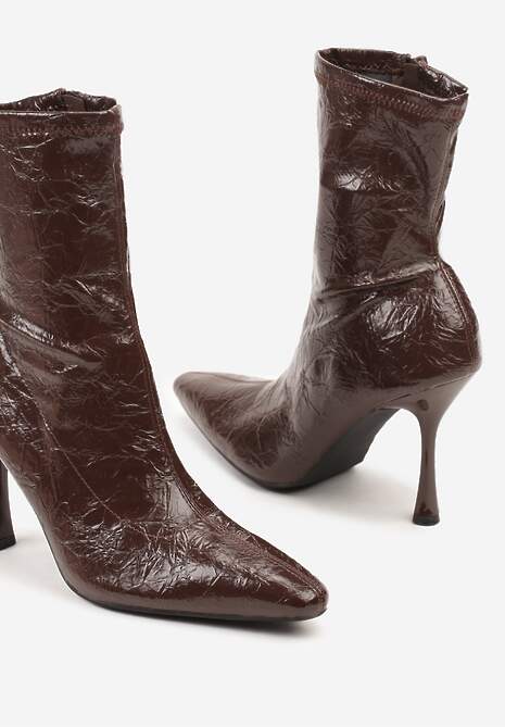 Brązowe Tłoczone Botki do Kostki Vices na Szpilce w Eleganckim Stylu Tadvire