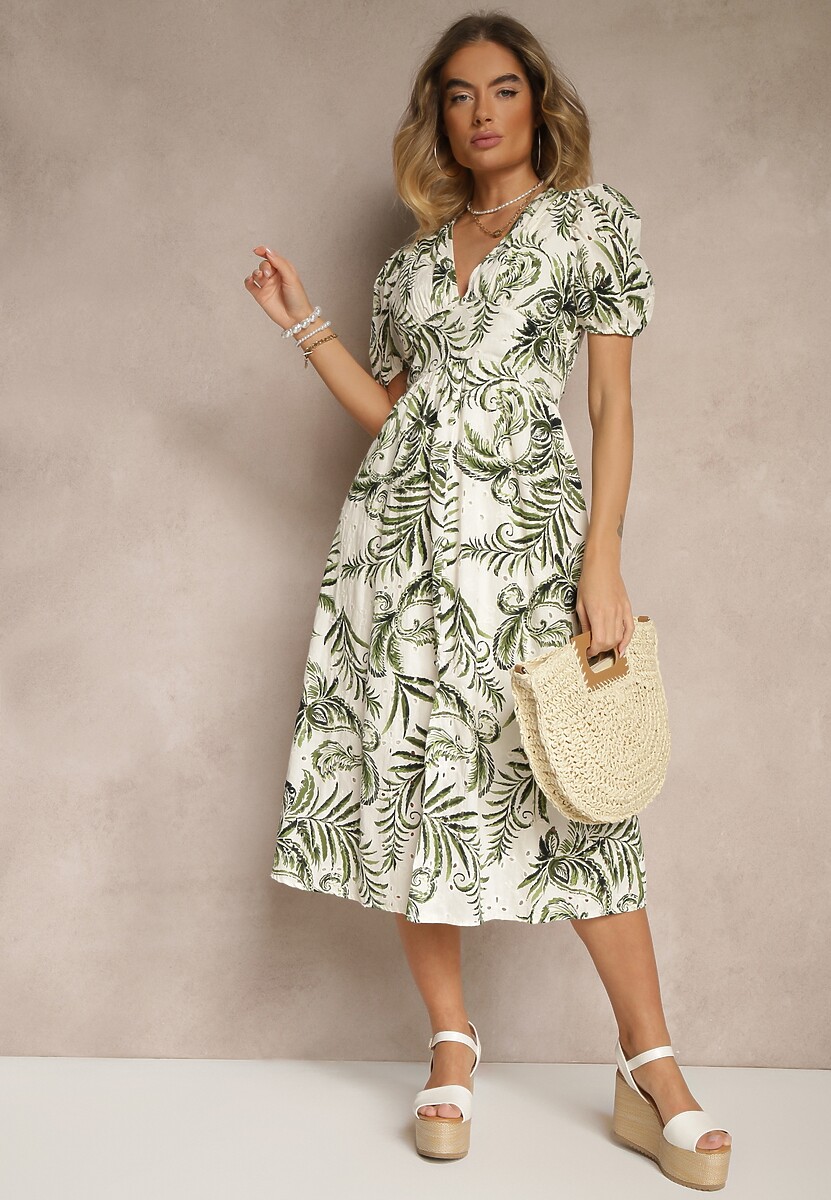 Zielona Sukienka o Rozkloszowanym Kroju z Dekoltem w Serek w Roślinny Print Evilessa