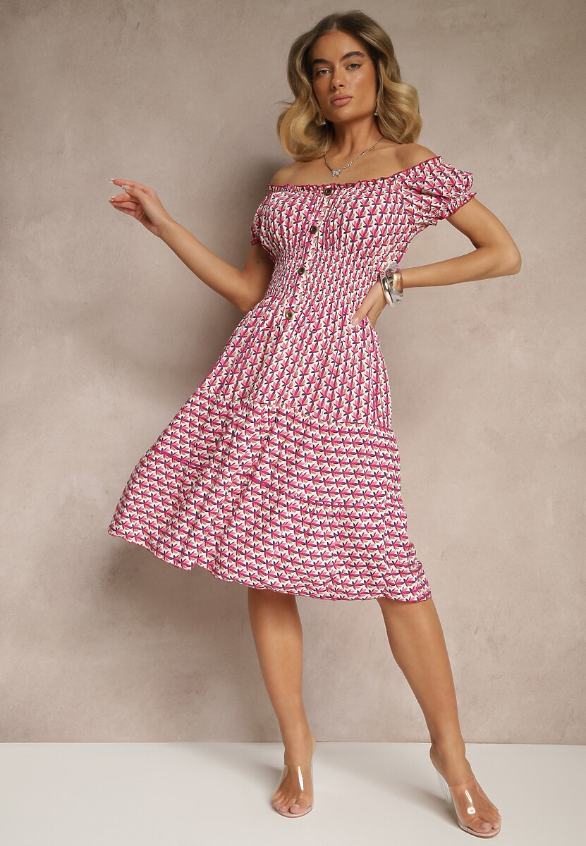 Różowa Bawełniana Sukienka z Bufiastymi Rękawami i Guzikami Ronimera