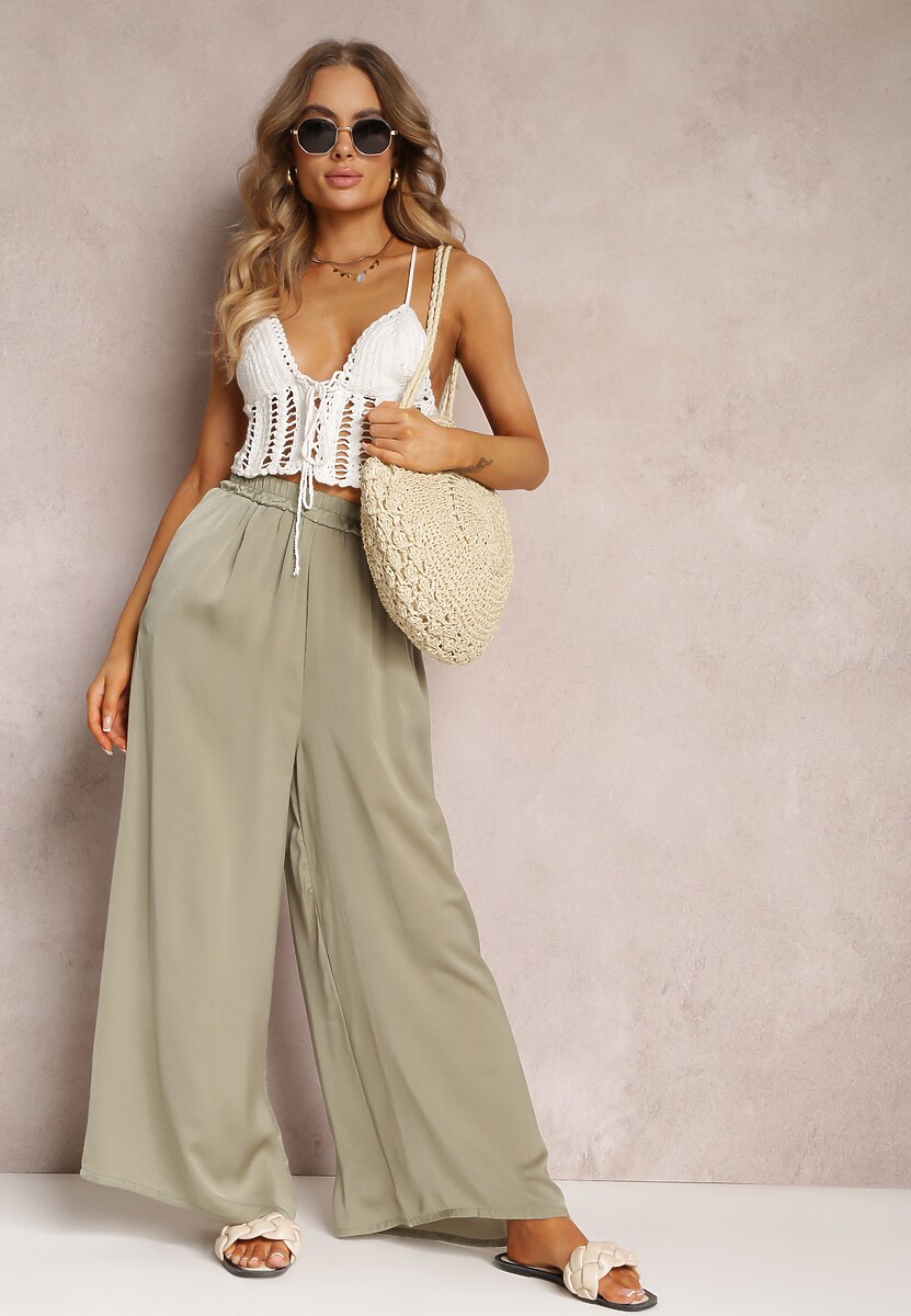 Jasnozielone Spodnie z Szerokimi Nogawkami i Gumką w Pasie Jacobisa