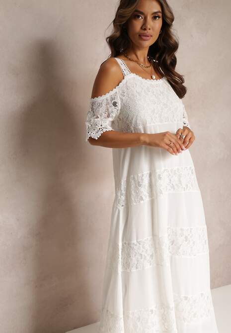 Biała Maxi Sukienka Na Ramiączkach z Wycięciami o Trapezowym Fasonie Mahkai