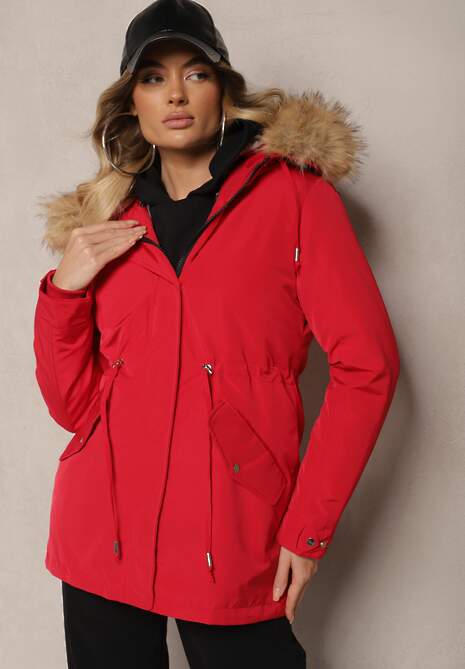 Czerwona Kurtka Parka Mocno Ocieplana z Futerkiem przy Kapturze z Możliwością Odpięcia Sialthira