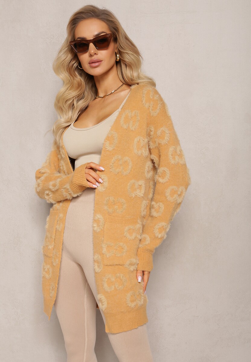 Ciemnobeżowy Jednolity Kardigan w Cętki Niezapinany Raniwasa