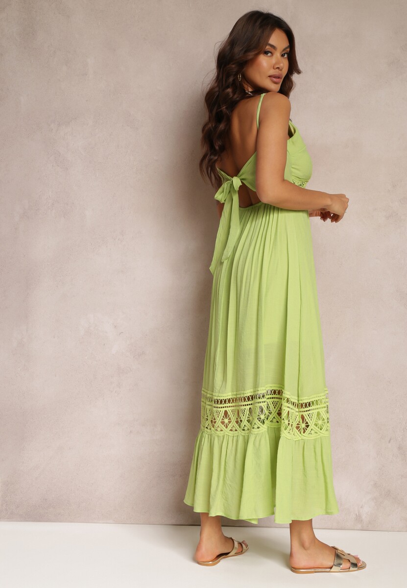 Zielona Rozkloszowana Sukienka Maxi z Falbanką i Koronką Luluma