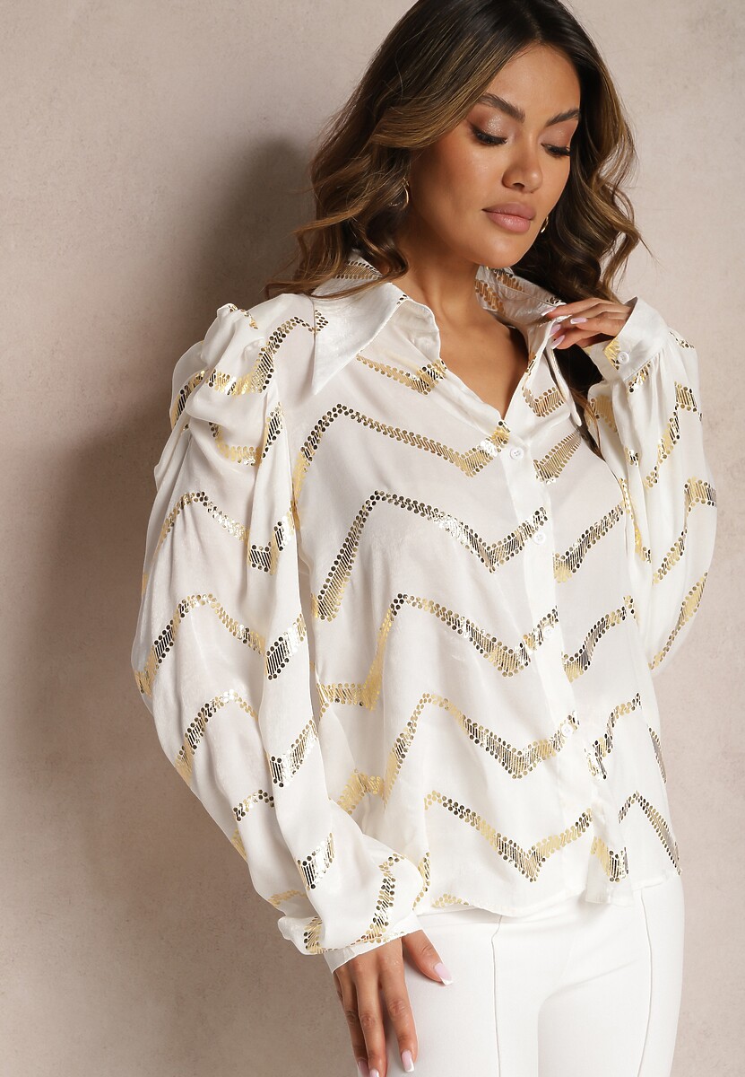 Biała Koszula w Metaliczny Nadruk z Bufkami w Ramionach Radica