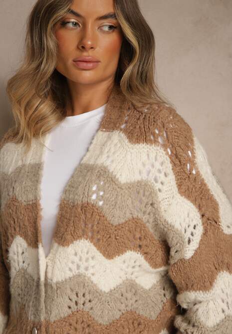 Beżowo-Brązowy Kardigan z Domieszką Wełny i Wiskozy o Ażurowym Splocie Esina