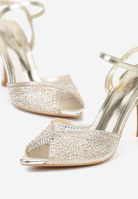 Złote Eleganckie Sandały na Szpilce Ozdobione Cyrkoniami  Viofera