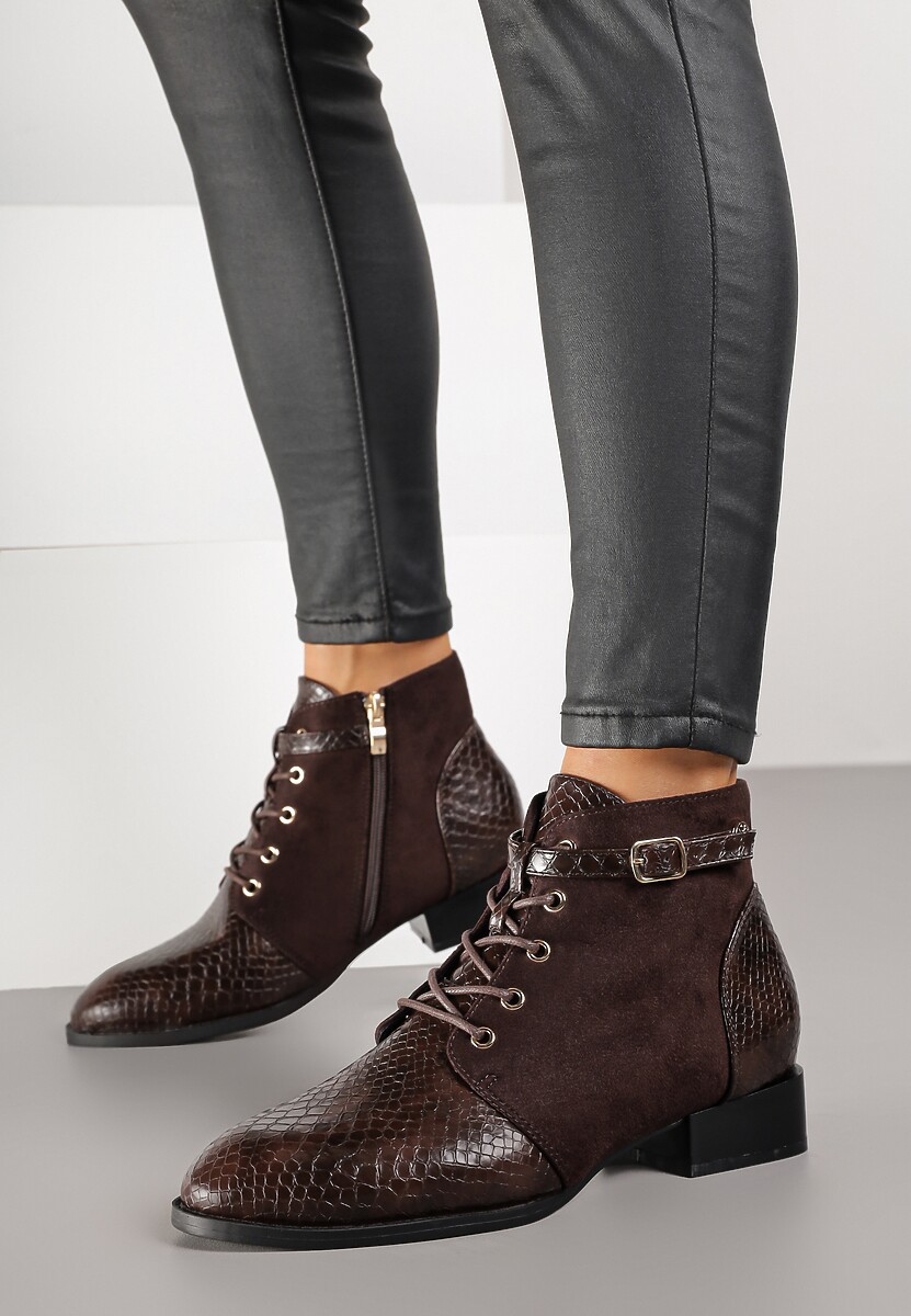 Brązowe Botki Vices ze Wstawkami Imitującymi Skórę Węża i Sprzączką Gelrina