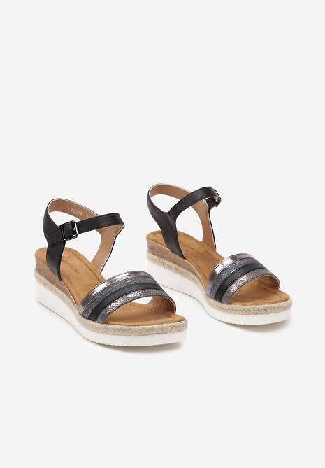 Czarne Sandały z Imitacji Skóry na Koturnie Ozdobione Brokatem Zapinane na Sprzączkę Meafina