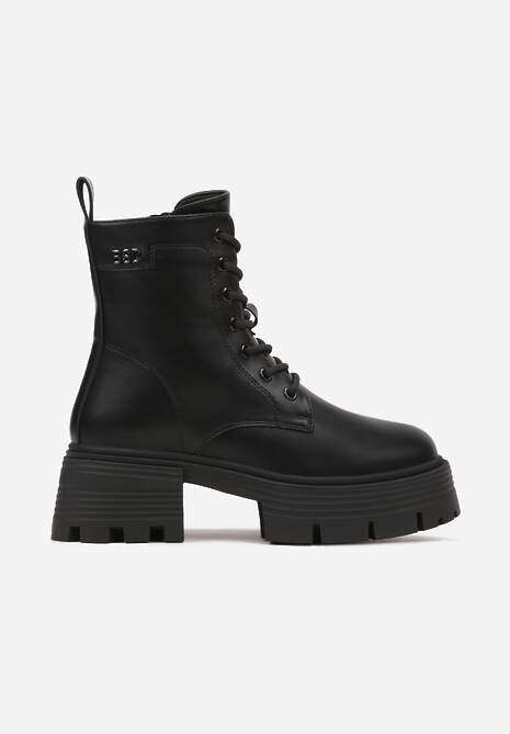 Czarne Botki Workery na Platformie i Słupku ze Sznurowaniem Iniefra