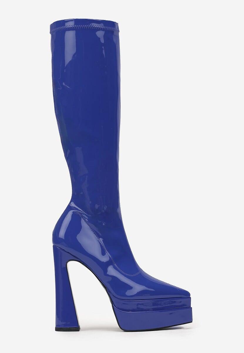 Niebieskie Kozaki z Lakierowanej Ekoskóry na Geometrycznym Słupku i Platformie Gliame