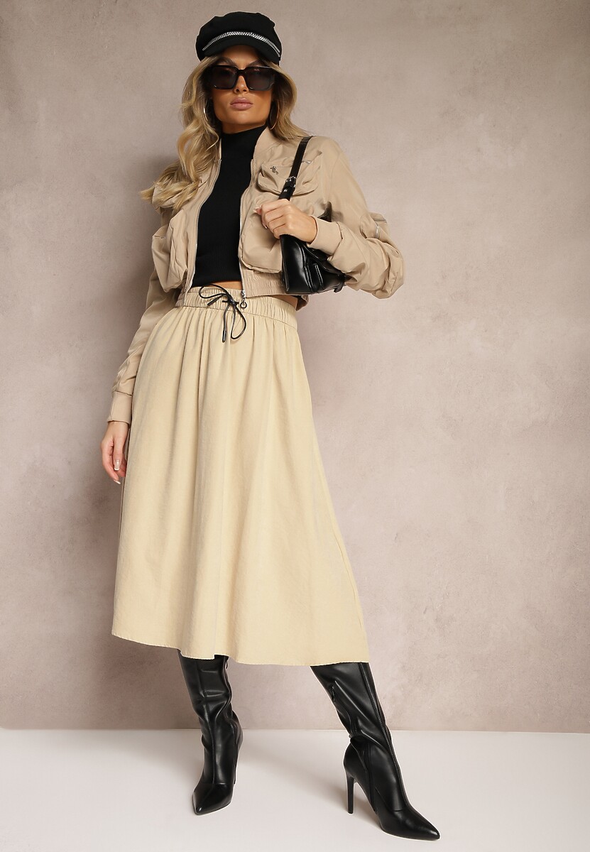 Beżowa Spódnica o Rozkloszowanym Kroju Ściągana w Pasie Rigelia