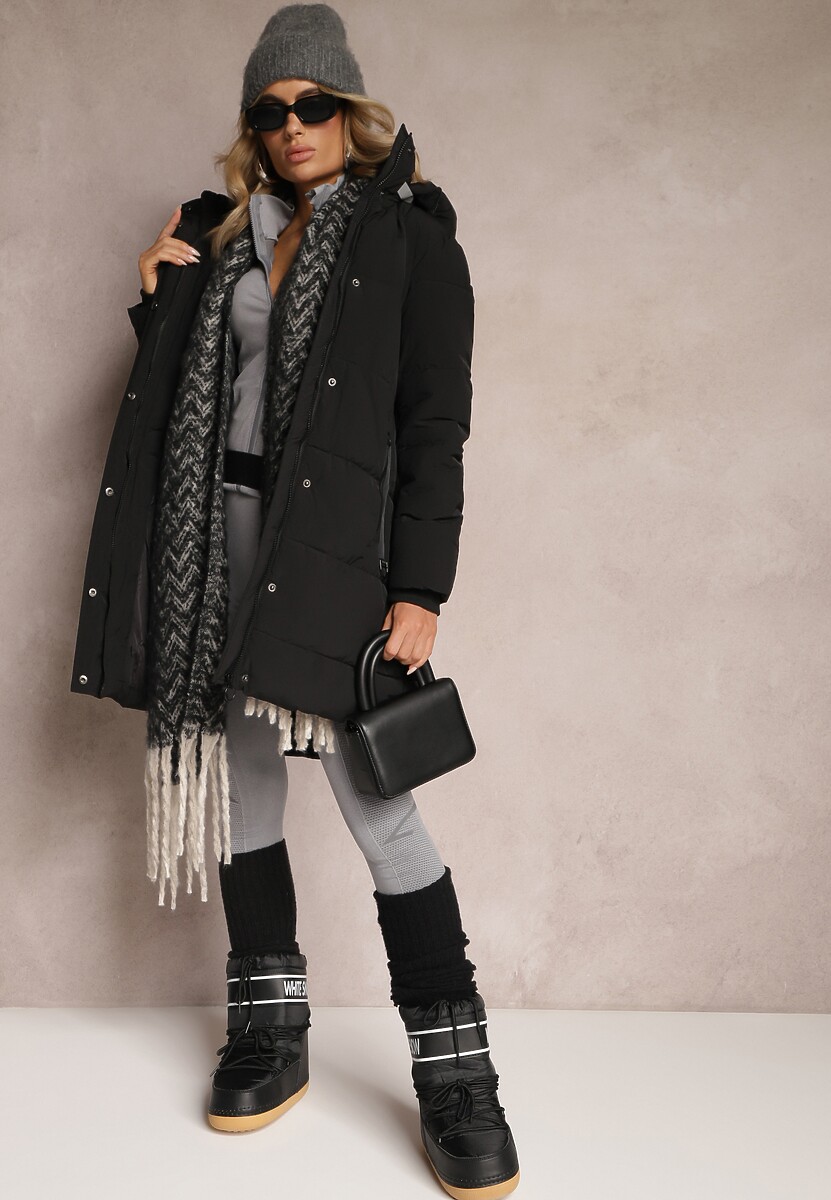 Czarna Pikowana Kurtka do Kolana z Odpinanym Kapturem Tolvina