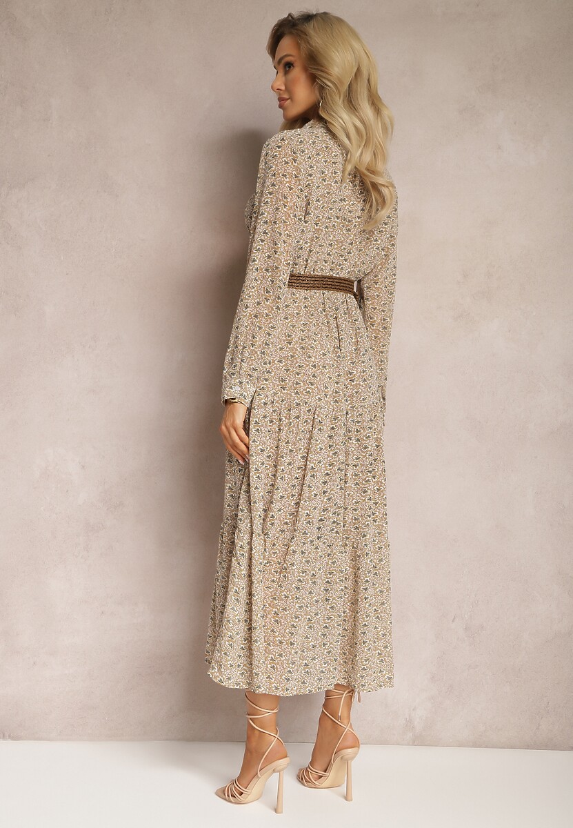 Beżowa Sukienka Rozkloszowana w Kwiaty z Paskiem Rakhila