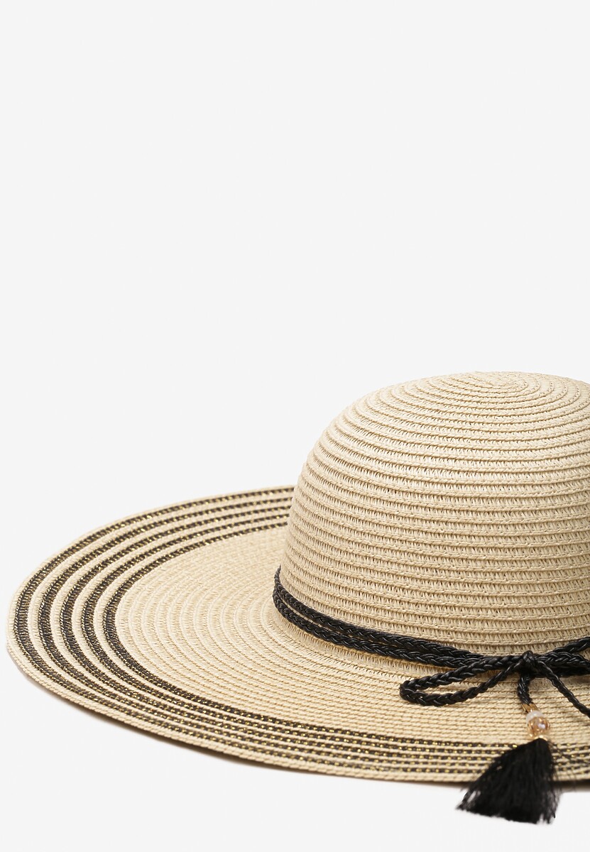 Beżowy Kapelusz z Chwostami i Koralikami z Szerokim Rondem Vadala