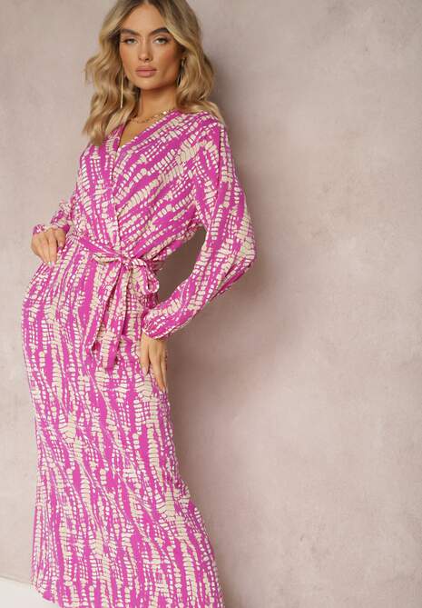 Fioletowa Długa Kopertowa Sukienka z Abstrakcyjnym Motywem i Paskiem w Talii Delphinna