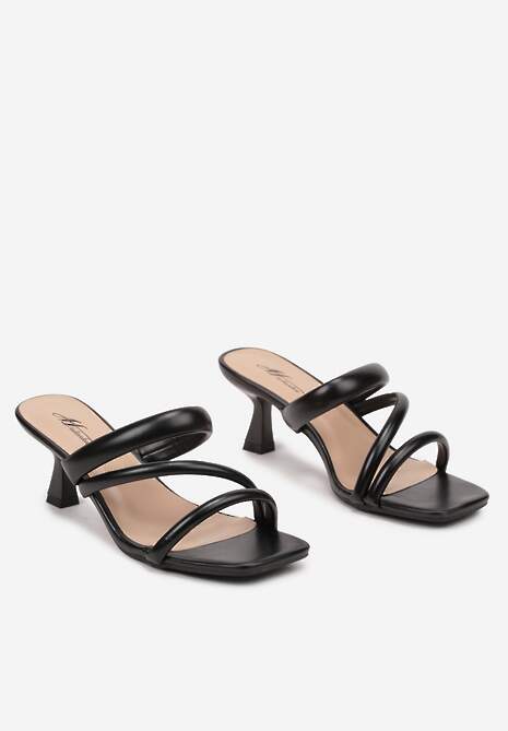 Czarne Klapki na Szpilce Kaczuszce z Ozdobnymi Paskami Neolaris