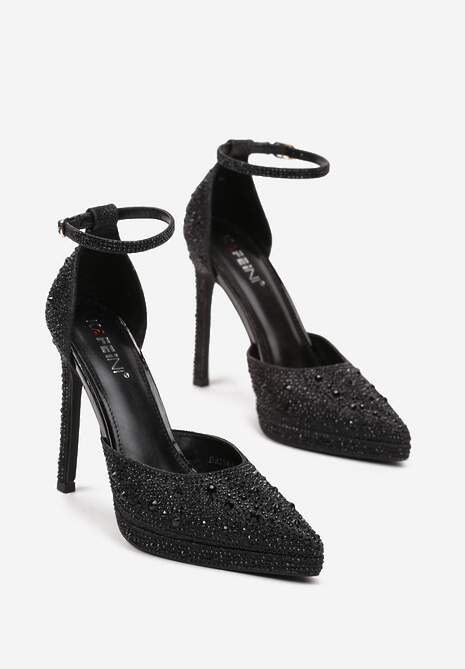 Czarne Brokatowe Szpilki Ozdobione Cyrkoniami Zapinane Wokół Kostki Nelefia