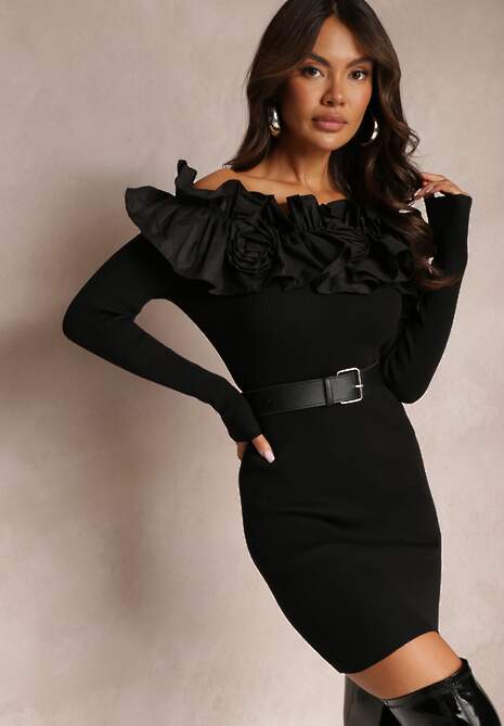 Czarna Hiszpanka Sukienka Mini z Falbankami i Kwiatami Balinorre