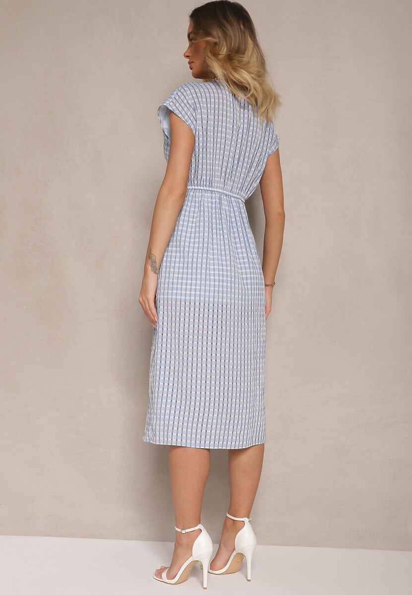 Niebieska Sukienka Ażurowa z Wiskozą i Marszczeniem Virsedi