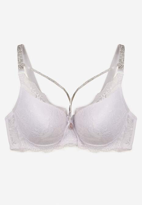 Biały Biustonosz Full Cup z Koronką Cyrkoniami i Ozdobnym Paskiem na Regulowanych Ramiączkach Vladia
