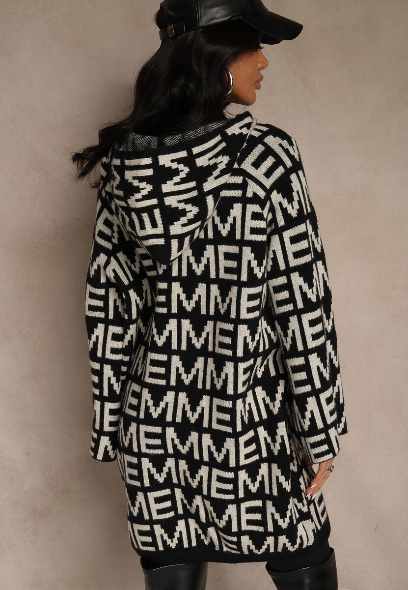 Czarno-Biały Kardigan na Suwak z Kapturem w Literowy Wzór Calitusa