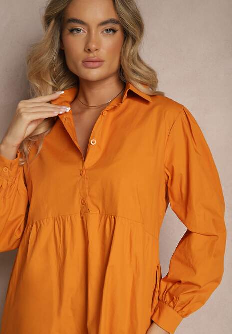 Pomarańczowa Rozkloszowana Sukienka Koszulowa z Bawełny Paniell