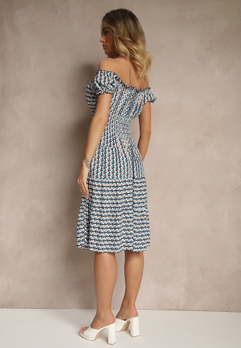 Niebieska Bawełniana Sukienka z Bufiastymi Rękawami i Guzikami Ronimera