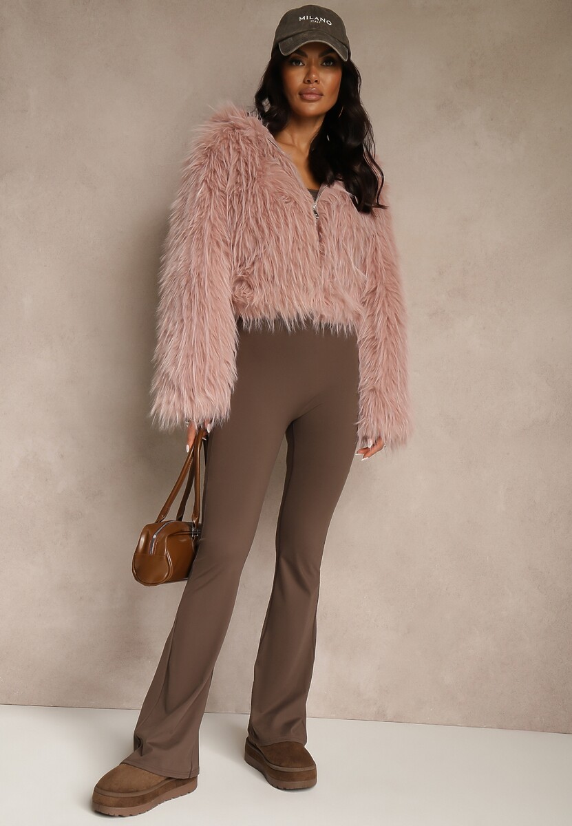 Różowa Kurtka Futerko z Kapturem i Zapięciem na Suwak Zetora