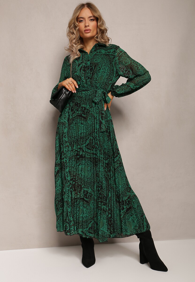 Ciemnozielona Sukienka Rozkloszowana z Wiązanym Paskiem Blerore