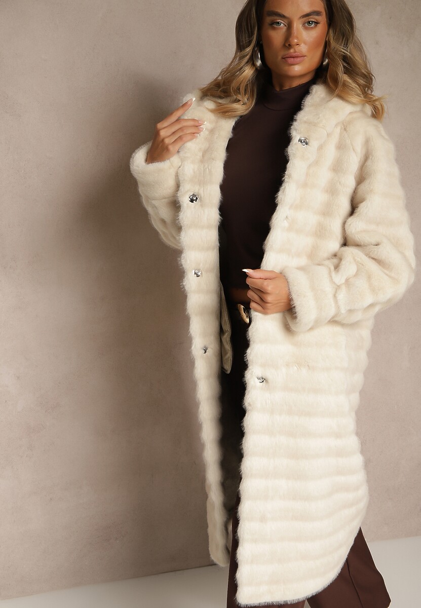 Brązowy Płaszcz Futerko z Ozdobnymi Przeszyciami i Kapturem Esetia