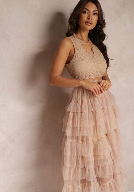 Beżowa Sukienka Koktajlowa z Koronkową Górą i Rozkloszowanym Tiulowym Dołem Venisa