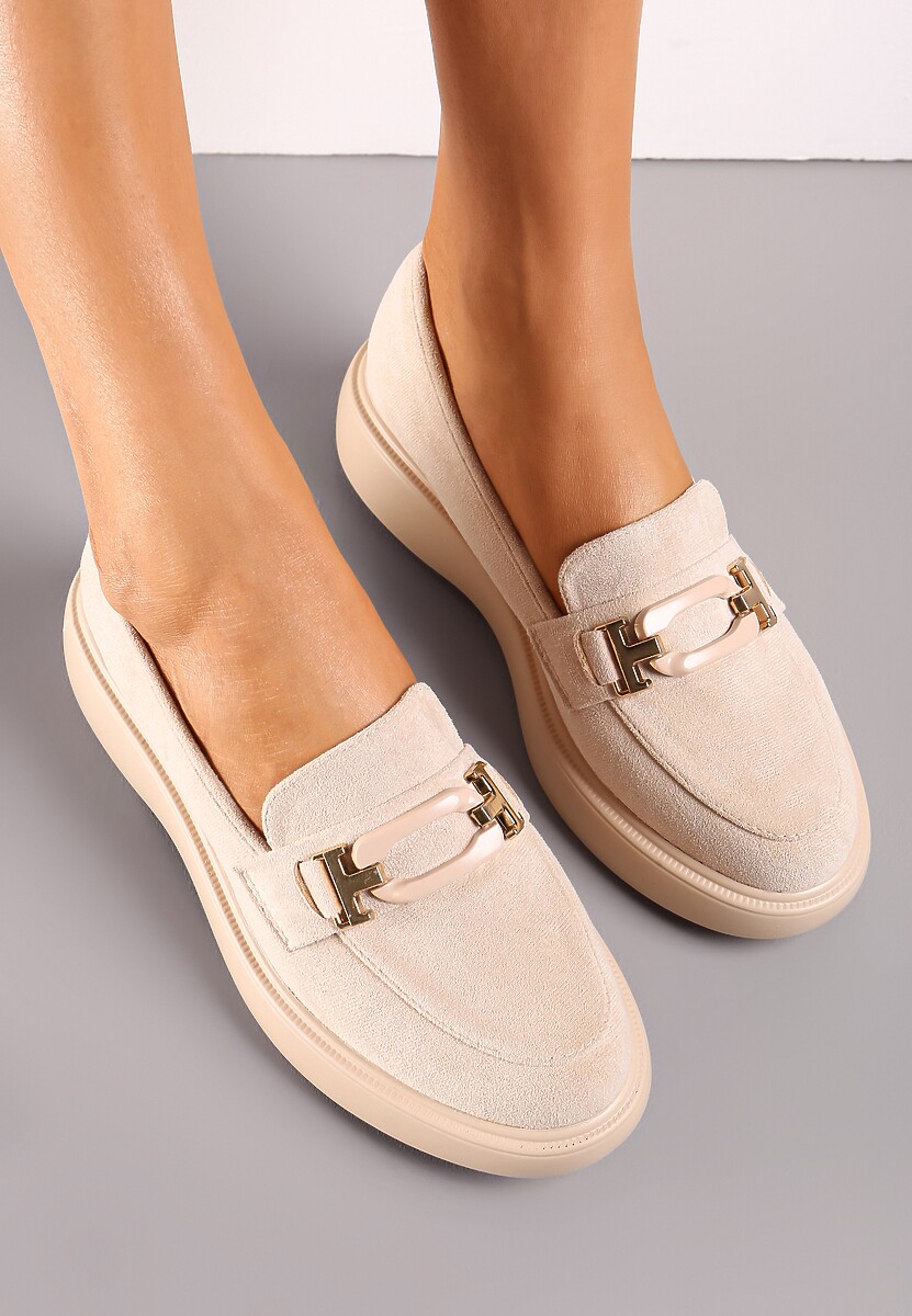 Beżowe Mokasyny na Grubej Podeszwie z Metalową Klamrą Olizunna