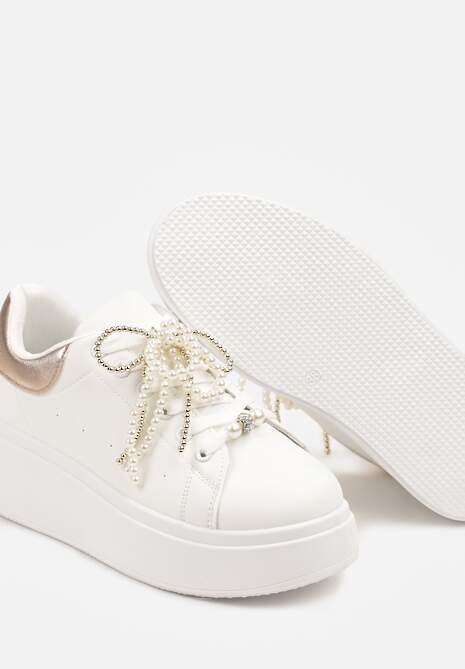 Biało-Szampańskie Sneakersy na Platformie z Perełkami i Metalowymi Kuleczkami Selavia