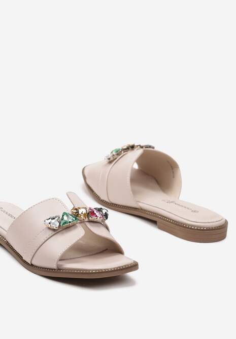 Beżowe Płaskie Klapki z Wkładką ze Skóry Naturalnej z Cyrkoniami Elolla