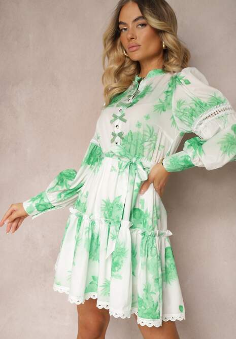 Zielona Rozkloszowana Sukienka Mini z Gumką w Talii i Kokardkami Leenona