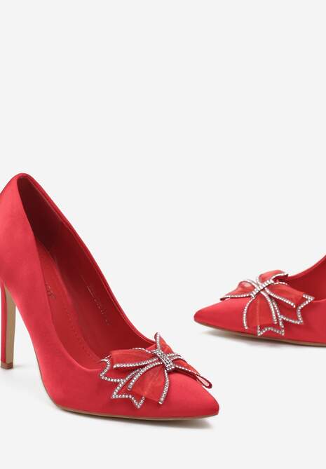 Czerwone Szpilki z Satynową Cholewką i Kokardą z Cyrkoniami Warria