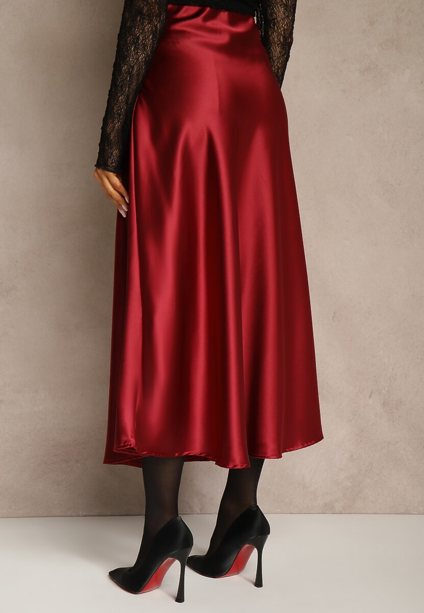 Bordowa Satynowa Midi Spódnica Rozkloszowana z Gumką w Pasie i Suwakiem Leose