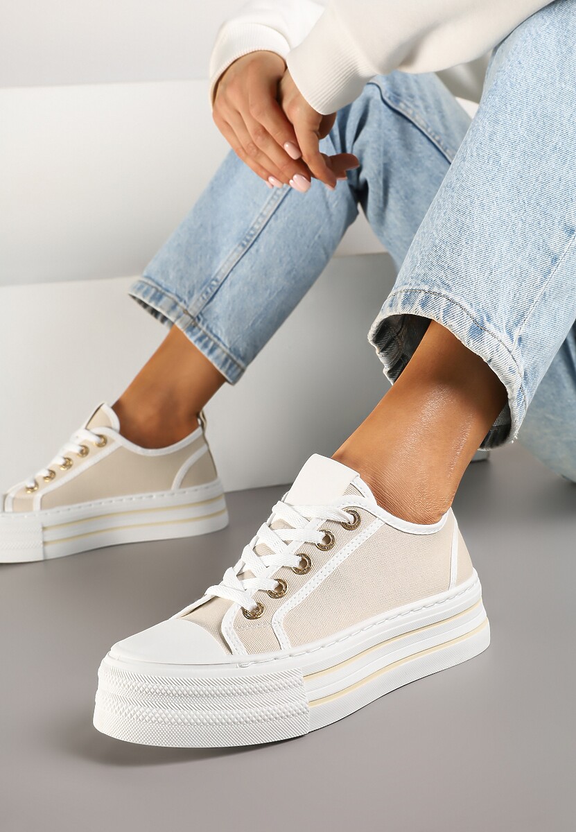 Beżowe Trampki na Niskiej Platformie Ozdobione Cyrkoniami Felelith