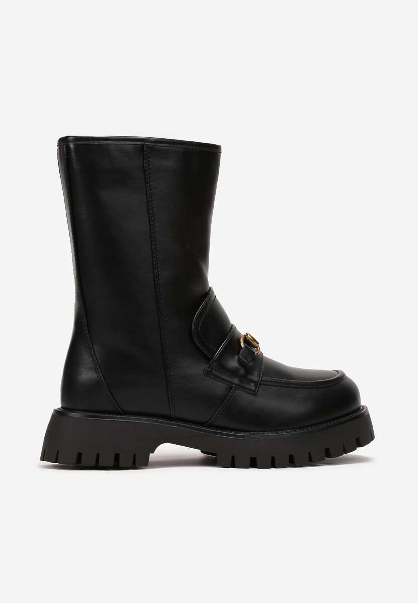 Czarne Botki z Imitacji Skóry na Płaskiej Podeszwie Ozdobione Metalową Sprzączką Legna