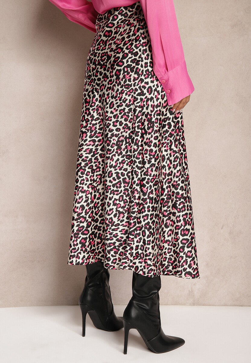 Fuksjowo-Czarna Spódnica High Waist ze Zwierzęcym Printem i Gumką w Talii Dimella