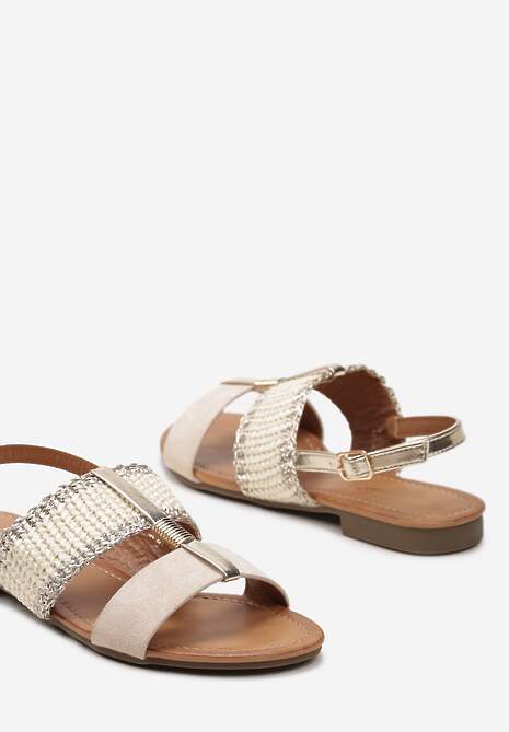 Beżowe Sandały z Ekoskóry ze Sprzączką z Metalicznymi Wstawkami i Plecionką Ursules