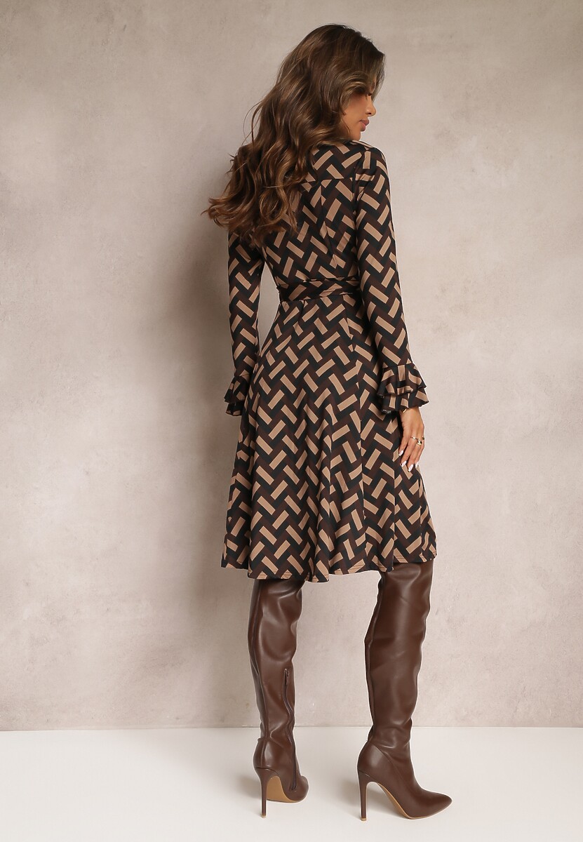 Brązowa Sukienka Koszulowa w Geometryczny Wzór Reimeza