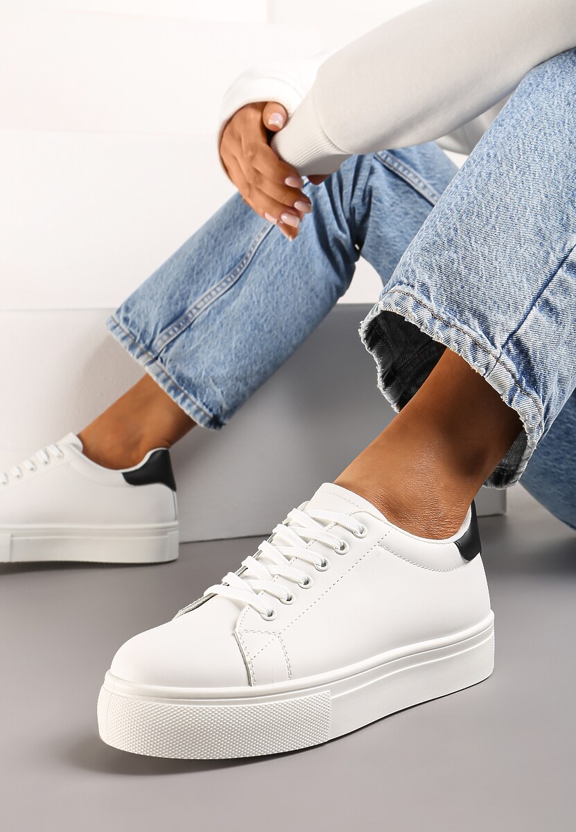 Biało-Czarne Sneakersy z Cholewką przed Kostkę na Platformie Longana
