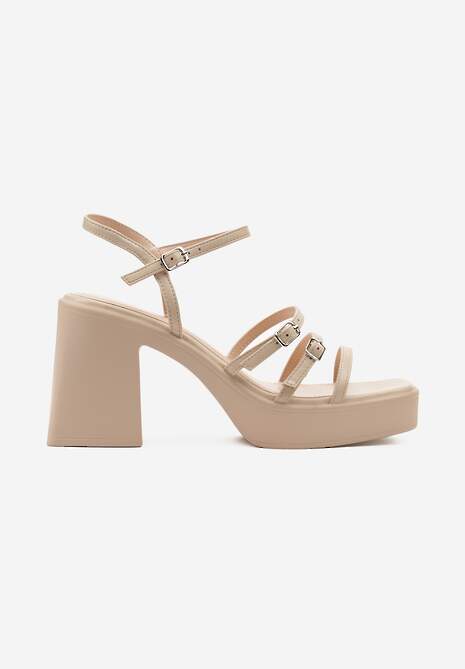Beżowe Sandały Ozdobione Małymi Sprzączkami na Słupku z Platformą Naona