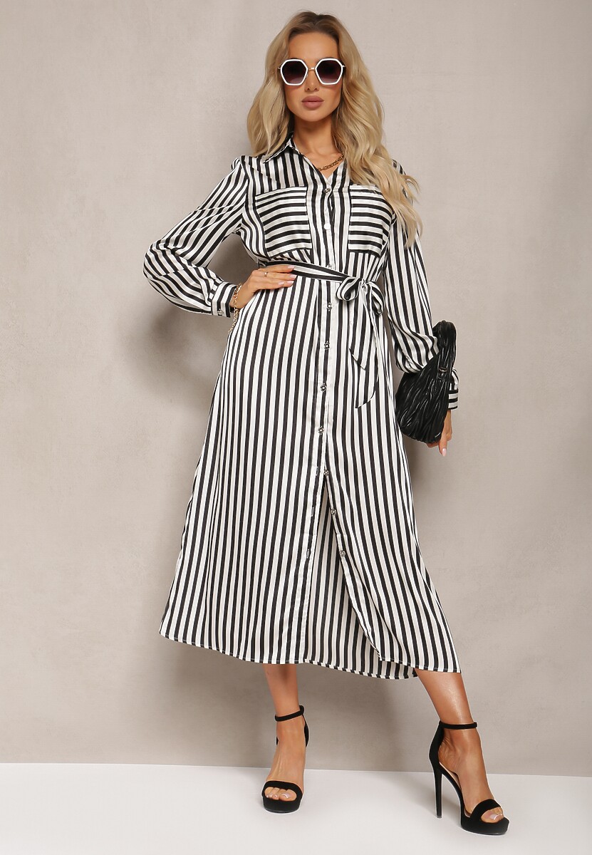 Czarno-Biała Koszulowa Sukienka Długa w Paski z Materiałowym Paskiem Jasilia