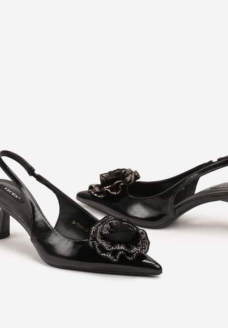 Czarne Czółenka na Obcasie Typu Kaczuszka ze Szpiczastym Noskiem i Kwiatową Ozdobą 3D Sinavia