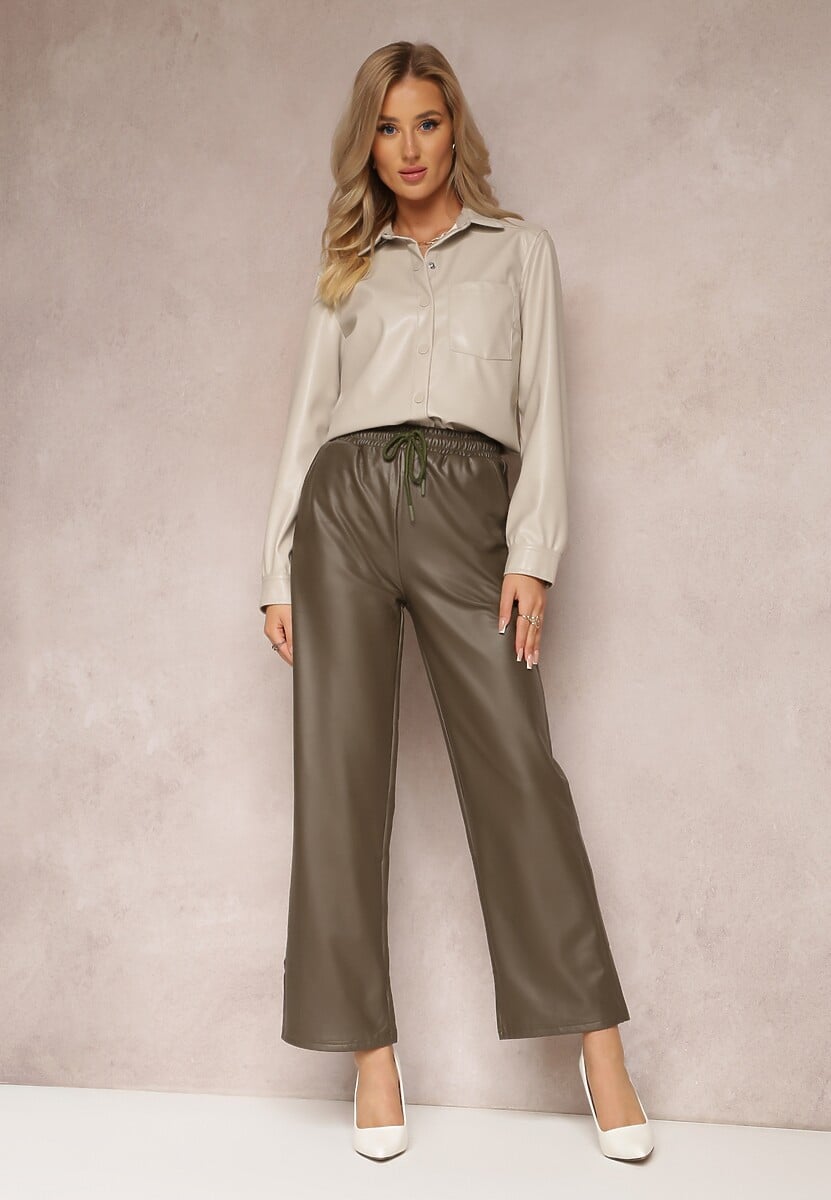 Zielone Spodnie z Szerokimi Nogawkami i Gumką w Talii z Imitacji Skóry Agasa