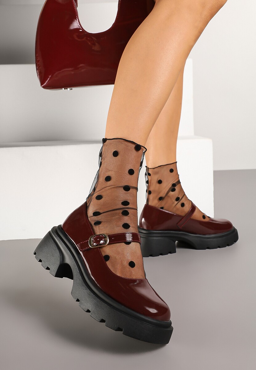 Bordowe Półbuty na Platformie w Stylu Mary Jane z Paskiem Vailin