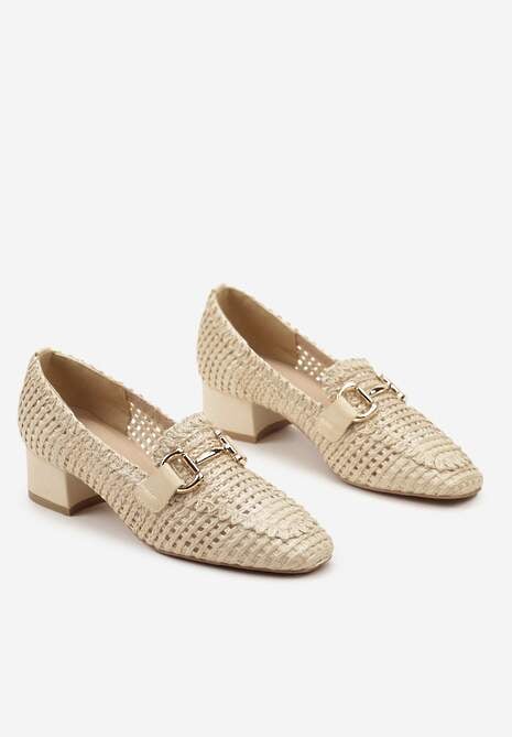 Beżowe Czółenka na Obcasie w Typie Mokasynów z Ażurową Plecioną Cholewką Effissa